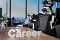 Large pile of document folders and stack of ring binders flooding modern office workplace with pc and skyline view; career concept