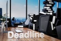 Large pile of document folders and stack of ring binders flooding modern office workplace with pc and skyline view; deadline