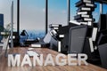 Large pile of document folders and stack of ring binders flooding modern office workplace with pc and skyline view; manager