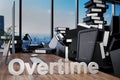 Large pile of document folders and stack of ring binders flooding modern office workplace with pc and skyline view; overtime