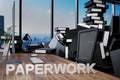 Large pile of document folders and stack of ring binders flooding modern office workplace with pc and skyline view; paperwork