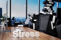 Large pile of document folders and stack of ring binders flooding modern office workplace with pc and skyline view; stress burnout