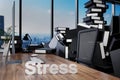 Large pile of document folders and stack of ring binders flooding modern office workplace with pc and skyline view; stress concept