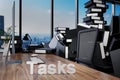Large pile of document folders and stack of ring binders flooding modern office workplace with pc and skyline view; tasklist