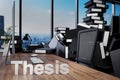 Large pile of document folders and stack of ring binders flooding modern office workplace with pc and skyline view; thesis concept