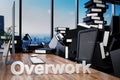 Large pile of document folders and stack of ring binders flooding modern office workplace with pc and skyline view; overwork