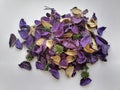 A large pile of dry petals of white and purple.