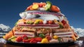 A large pile of food with a fish on top of it. Generative AI image.