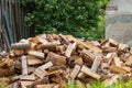 A large pile of freshly chopped firewood stacked in an outdoor rustic setting, ready for winter warmth. Royalty Free Stock Photo