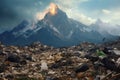 A large pile of garbage and discarded items under a stormy sky. A landfill with cans, bottles, and other trash. Ideal