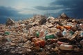 Large pile of garbage and discarded items under stormy sky. A landfill with cans, bottles and other trash. Ideal for