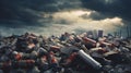 A large pile of garbage and discarded items under a stormy sky. A landfill with cans, bottles, and other trash. Ideal