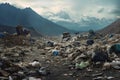 Large pile of garbage and discarded items under a stormy sky. A landfill with cans, bottles and other trash. Ideal for