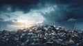 A large pile of garbage and discarded items under a stormy sky. Landfill with cans, bottles, and other trash. Ideal for