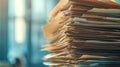 A large pile of mixed paperwork fills the office workspace, with sunlight streaming in from the window. The documents Royalty Free Stock Photo