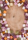 A large pile of mixed sweets on wooden background Royalty Free Stock Photo