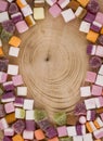 A large pile of mixed sweets on wooden background Royalty Free Stock Photo