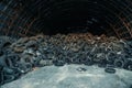 Large pile of old used car and truck tires in abandoned hangar