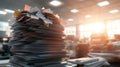 A large pile of papers and notes fills an office, highlighting a busy work environment. Sunlight streams in, creating a dynamic