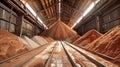 A large pile of sand in a factory setting, where potash fertilizers are processed and mined for production