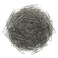 A large pile of silver metal paperclips forms a roughly circular mound. The paperclips, Royalty Free Stock Photo