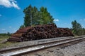 A large pile of unused and discarded railroad tiles.