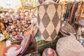 large pile of various wicker hand made baskets for sale on the local African market. Traditional craftsmanship and art hobby Royalty Free Stock Photo