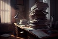 Large piles of files piled up on a desk, heavy workload. Generate Ai Royalty Free Stock Photo