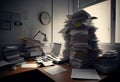 Large piles of files piled up on a desk, heavy workload. Generate Ai. Royalty Free Stock Photo