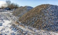 Large piles of rubble with snow in winter