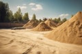 Piles of sand and gravel near the entrance to the construction site. Piles of limestone materials for construction. Generative AI Royalty Free Stock Photo