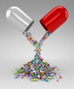 Large pill emptying a pile of colorful pills