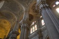 Large pillars, vaults and stained glass windows in Malaga Cathedral, Spain Royalty Free Stock Photo