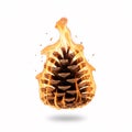 Large pine cone on fire, engulfed in bright flames Royalty Free Stock Photo