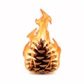 Large pine cone on fire, engulfed in bright flames Royalty Free Stock Photo