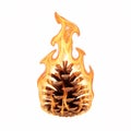 Large pine cone on fire, engulfed in bright flames Royalty Free Stock Photo