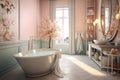 A large pink bathroom with a big tub and mirror. Ai generated