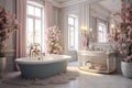 A large pink bathroom with a big tub and mirror. Ai generated Royalty Free Stock Photo