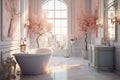 A large pink bathroom with a big tub and mirror. Ai generated Royalty Free Stock Photo