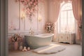 A large pink bathroom with a big tub and mirror. Ai generated Royalty Free Stock Photo