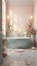 A large pink bathroom with a big tub and mirror. Ai generated Royalty Free Stock Photo