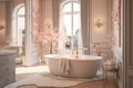 A large pink bathroom with a big tub and mirror. Ai generated
