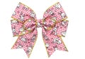 A large pink bow with hello kitty design and gold trim on a white background Royalty Free Stock Photo