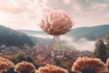 A large pink flower in the middle of a town. Generative AI image.