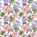 Large pink and purple lotus flowers with leaves on white background. Beautiful floral seamless pattern.