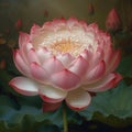 Large pink and white lotus flower, with an intricate center, set in a dark, enchanted pond scene