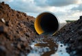 Large pipe lying in a trench with water pooling inside, under a cloudy sky Royalty Free Stock Photo