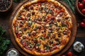 large pizza with different toppings, in the style of dark gray and crimson, nostalgic charm, aerial photography Royalty Free Stock Photo