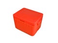 A large plain red portable cooler made of plastic, against a white background