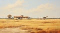 Vintage Oil Painting Of A Zaire School Style Plane On A Savanna Field